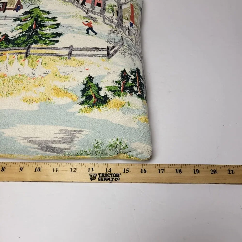 Vtg 50s Grandma Moses Early Springtime Farm Barkcloth Pillows Cushions Pair MCM